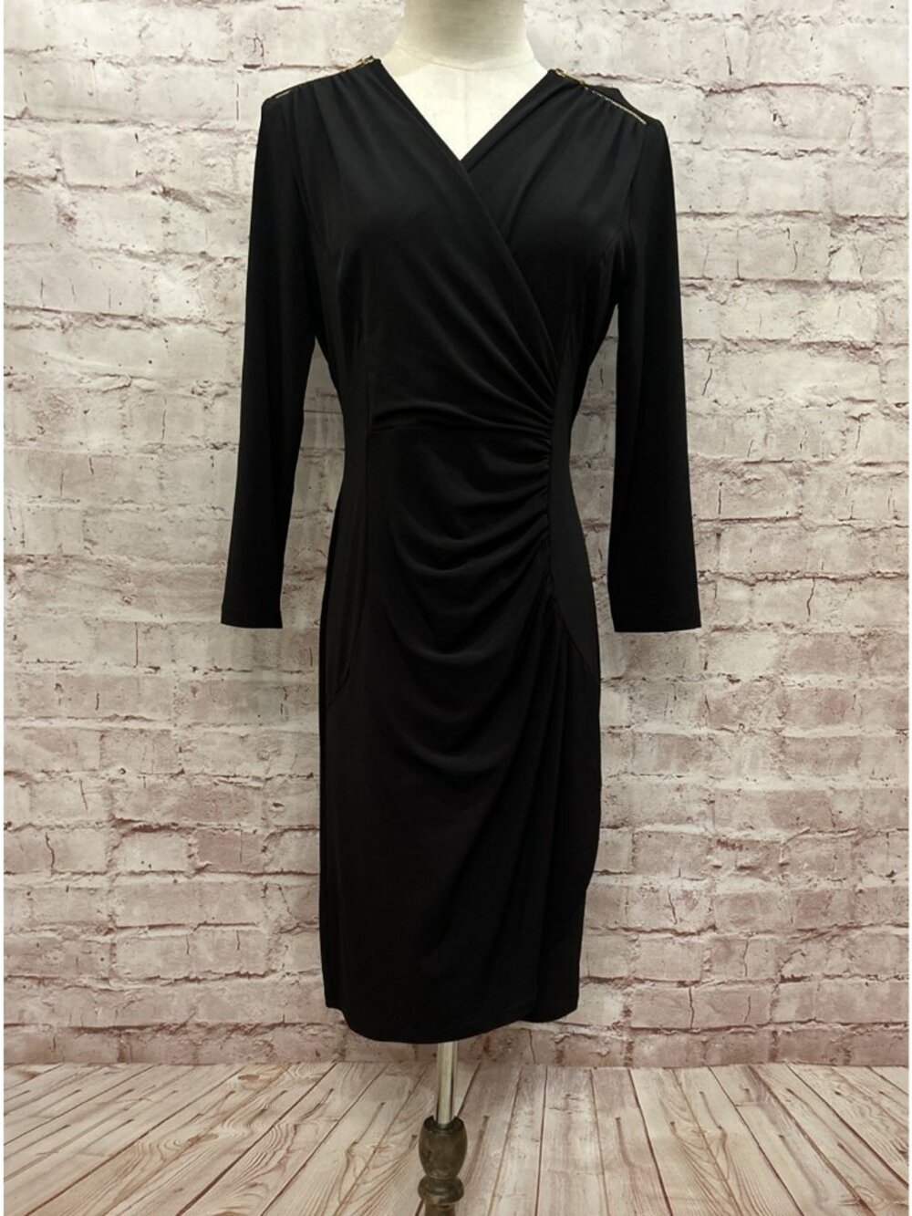 Calvin Klein Womens Black Ruched Faux Wrap Dress 3/4 Sleeve Zippers Size S NEW